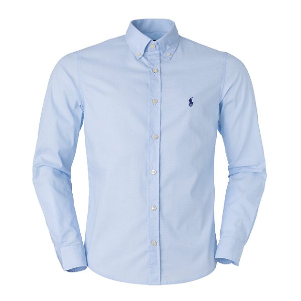 Camisa Ralph Lauren Masculina Custom Fit Tricoline Azul claro mescla