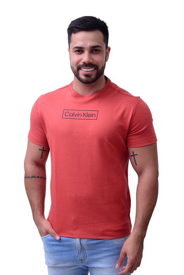Camiseta Calvin Klein Masculina Logo Retângulo Ferrugem