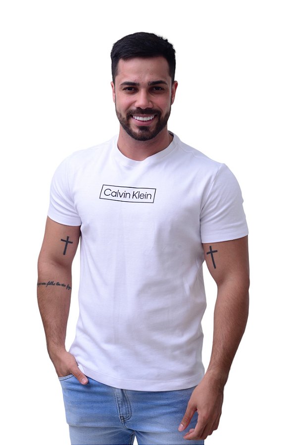Camiseta Calvin Klein Masculina Logo Retângulo Branca