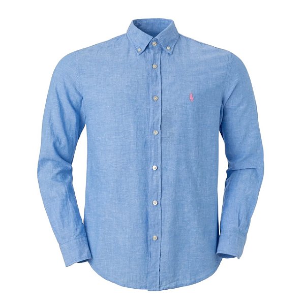 Camisa Ralph Lauren Masculina Custom fit Linho Azul claro