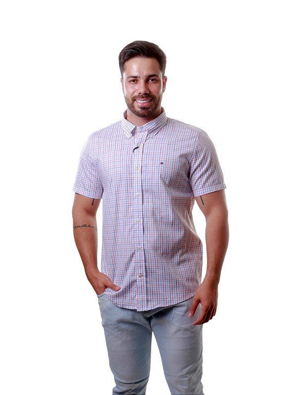 Camisa Tommy Hilfiger Masculina Manga Curta Xadrez Azul e Vermelho