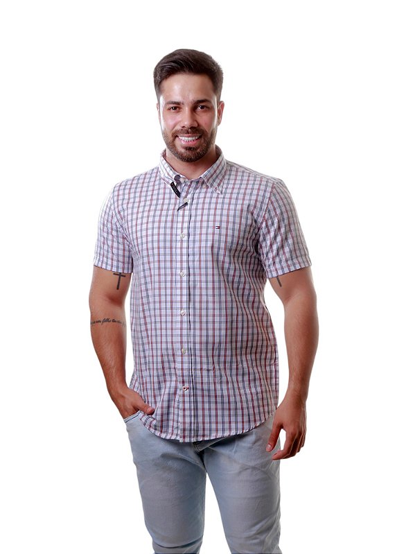 Camisa Tommy Hilfiger Masculina Manga Curta Xadrez Branca