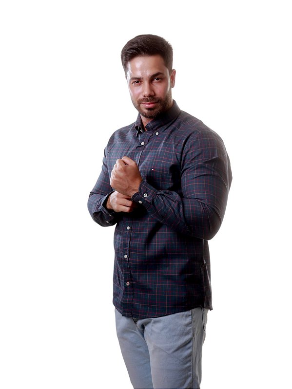 Camisa Tommy Hilfiger Masculina Regular Fit Xadrez Oxford Preta
