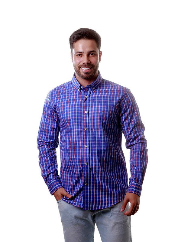 Camisa Tommy Hilfiger Masculina Regular Fit Xadrez Azul e vermelha