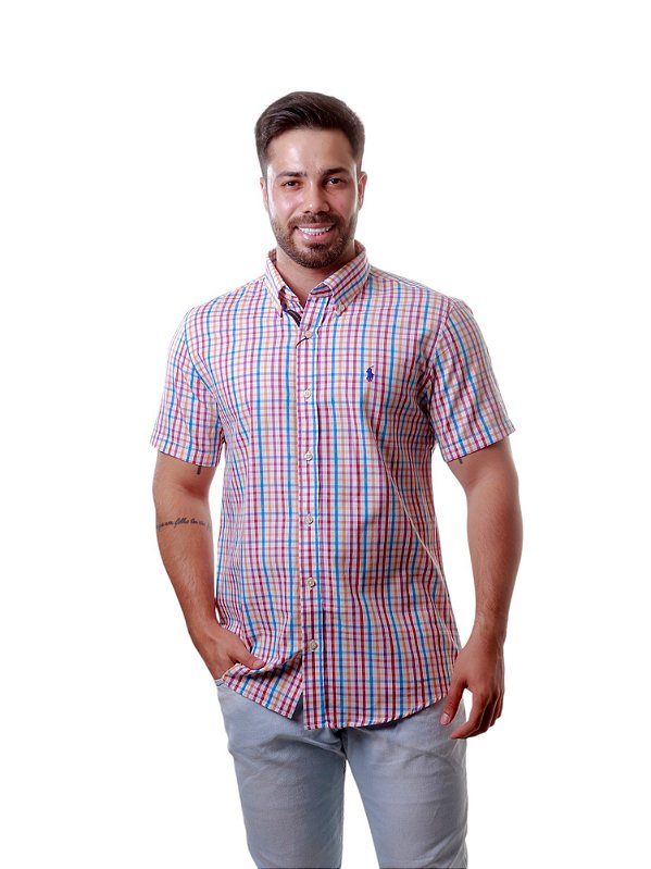 Camisa Ralph Lauren Masculina Manga curta Xadrez Laranja e rosa