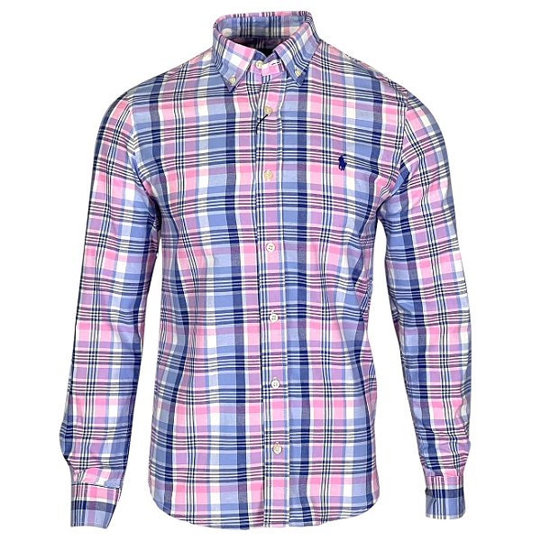 Camisa Ralph Lauren Masculina Custom Fit Xadrez Oxford Rosa