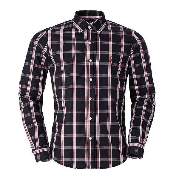 Camisa Ralph Lauren Masculina Custom Fit Xadrez Preta e vermelha