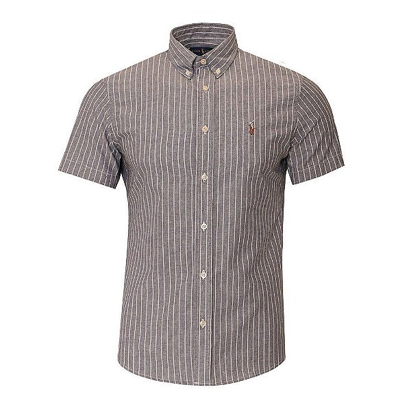 Camisa Ralph Lauren Masculina Manga curta Listrada Oxford Cinza