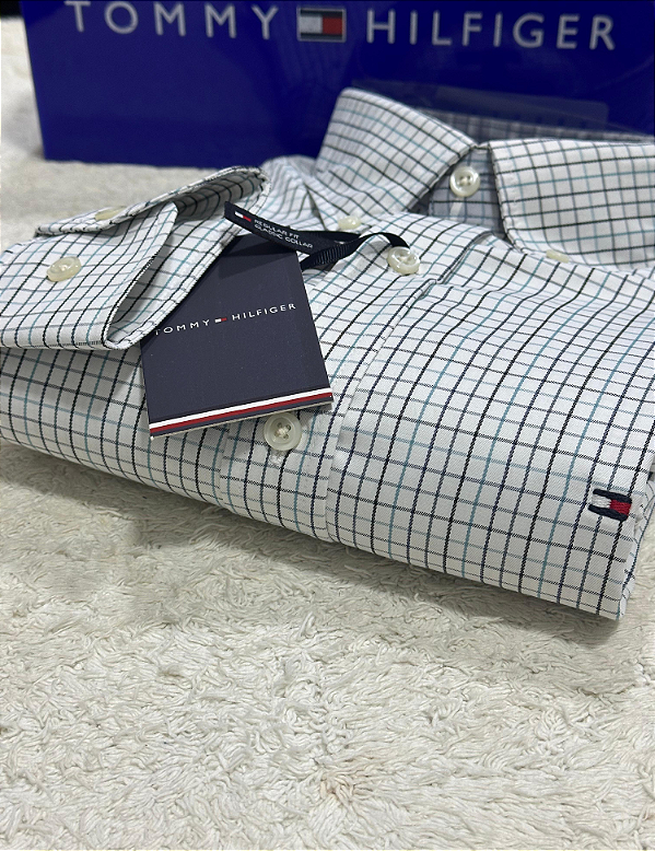 Camisa Tommy Hilfiger Masculina Regular Quadriculada Branca e verde