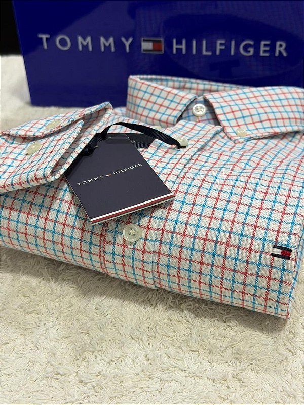 Camisa Tommy Hilfiger Masculina Regular Fit Xadrez Azul e vermelha