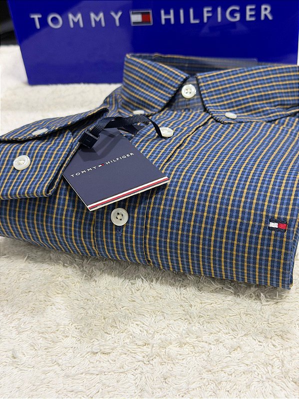 Camisa Tommy Hilfiger Masculina Regular Fit Xadrez Marinho e amarelo