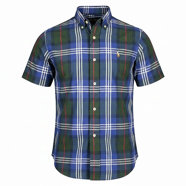 Camisa RL Masculina Manga curta Xadrez Oxford Coloured Azul e verde
