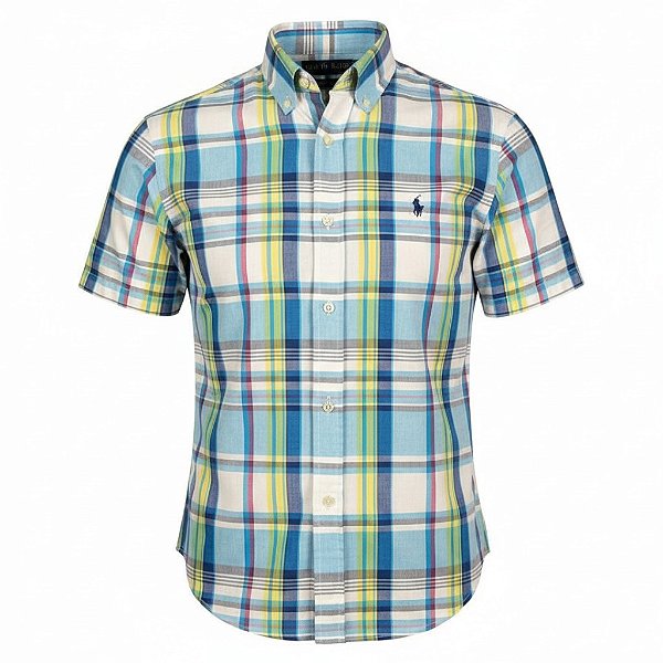 Camisa RL Masculina Manga curta Xadrez Oxford Azul e amarelo