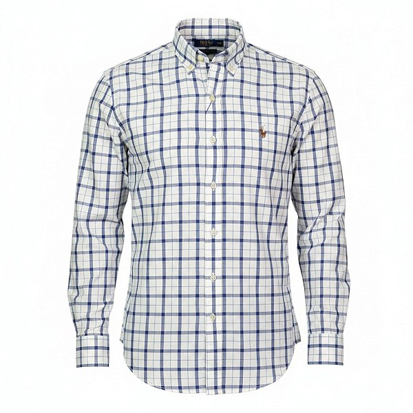 Camisa RL Masculina Custom Fit Xadrez Oxford Coloured Azul e branca