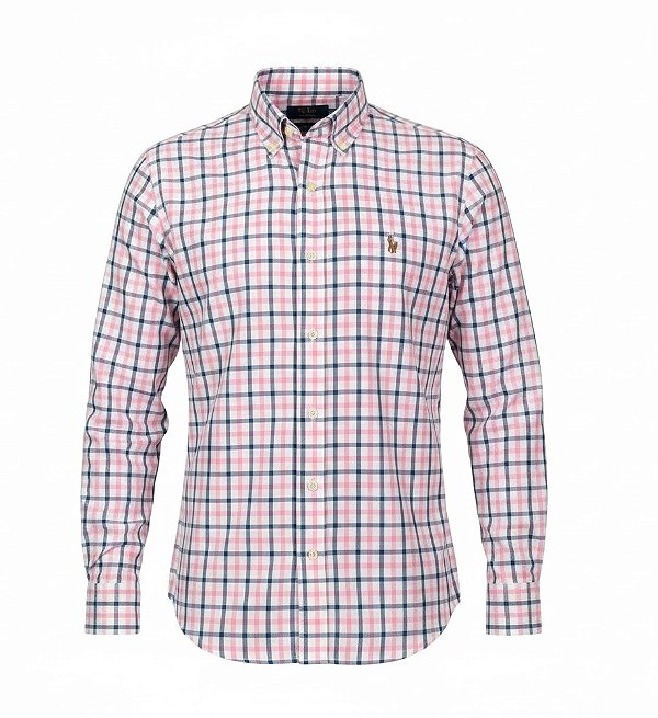 Camisa RL Masculina Custom Fit Xadrez Oxford Coloured Azul e rosa