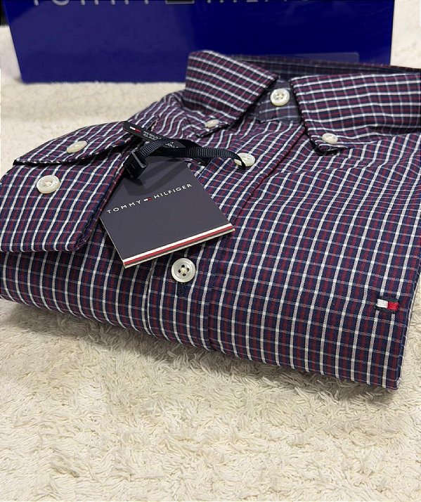 Camisa Tommy Hilfiger Masculina Regular Fit Xadrez Vinho e azul
