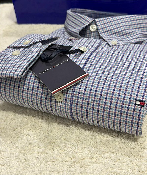 Camisa Tommy Hilfiger Masculina Regular Fit Xadrez Azul e vermelho