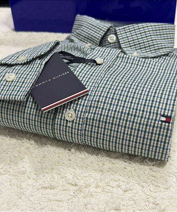 Camisa Tommy Hilfiger Masculina Regular Fit Xadrez Verde e azul