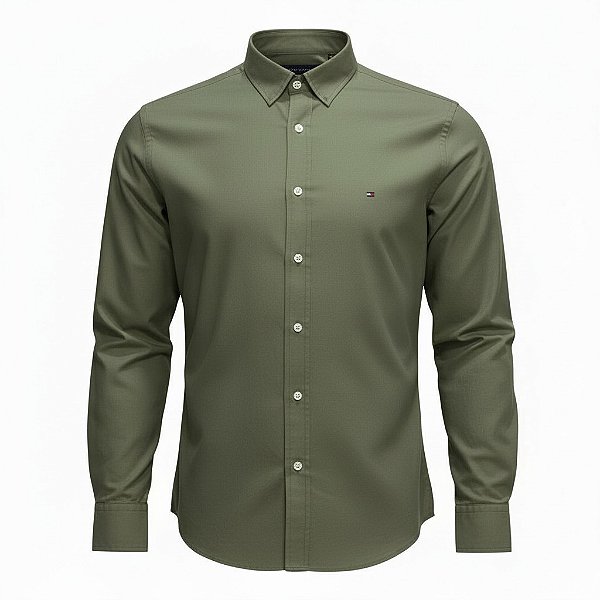 Camisa Tommy Hilfiger Masculina Regular Fit Oxford Verde militar