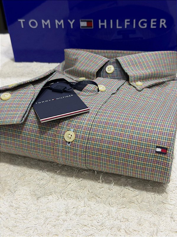 Camisa Tommy Hilfiger Masculina Regular Fit Xadrez Vermelha e laranja