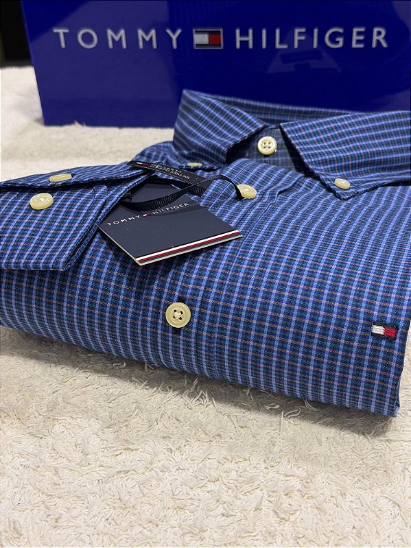 Camisa Tommy Hilfiger Masculina Regular Fit Xadrez Azul Royal e laranja