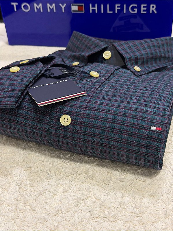 Camisa Tommy Hilfiger Masculina Regular Fit Xadrez Azul e vinho