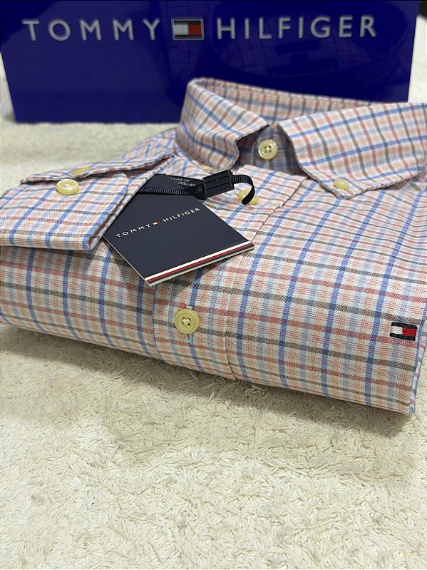Camisa Tommy Hilfiger Masculina Regular Fit Xadrez Marinho e Laranja