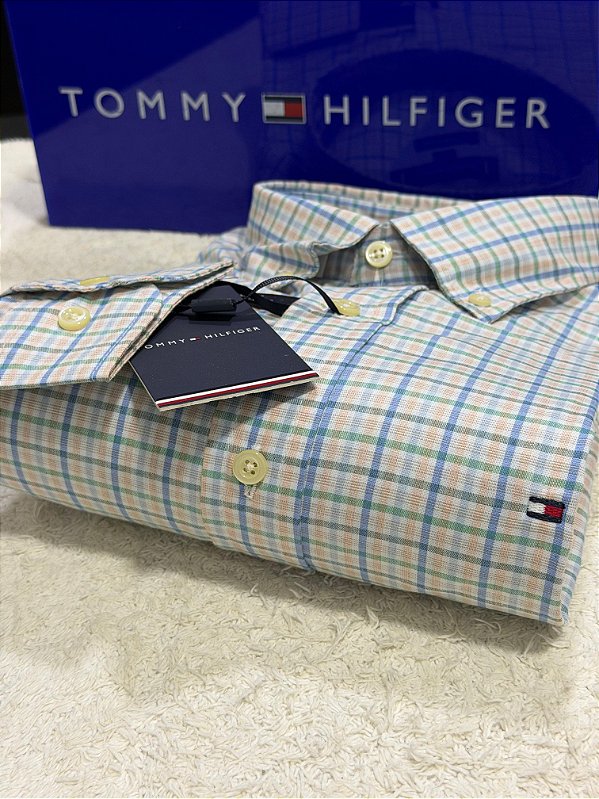 Camisa Tommy Hilfiger Masculina Regular Fit Xadrez Verde e azul
