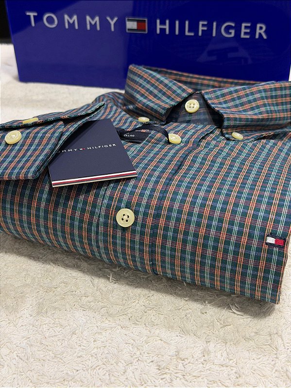 Camisa Tommy Hilfiger Masculina Regular Fit Xadrez Laranja e verde