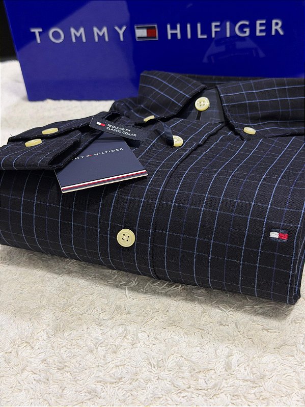 Camisa Tommy Hilfiger Masculina Regular Fit Xadrez Preta e Azul
