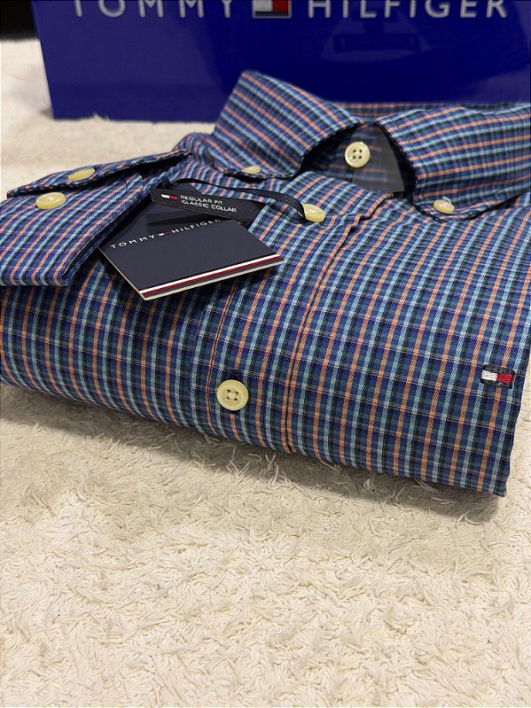Camisa Tommy Hilfiger Masculina Regular Fit Xadrez Azul e laranja