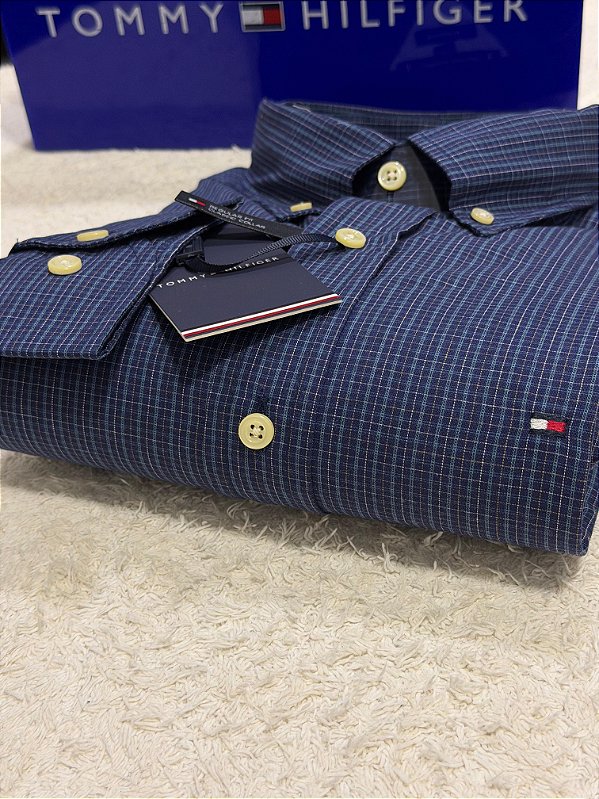 Camisa Tommy Hilfiger Masculina Regular Fit Xadrez Azul e branca