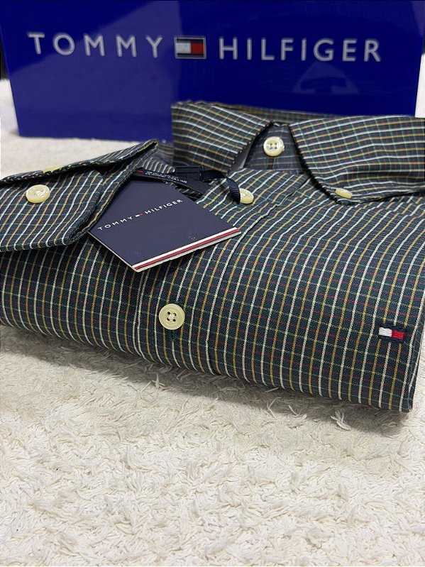 Camisa Tommy Hilfiger Masculina Regular Fit Xadrez Verde e dourada