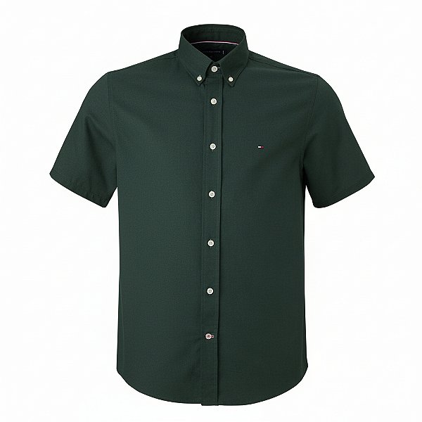 Camisa Tommy Hilfiger Masculina Manga Curta Sarja Verde escuro