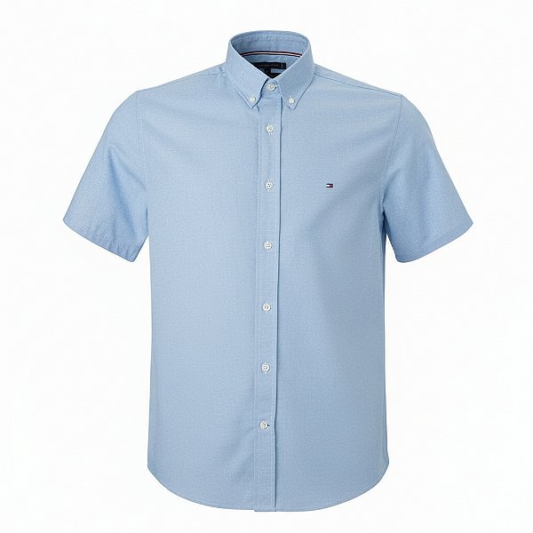 Camisa Tommy Hilfiger Masculina Manga Curta Sarja Azul claro
