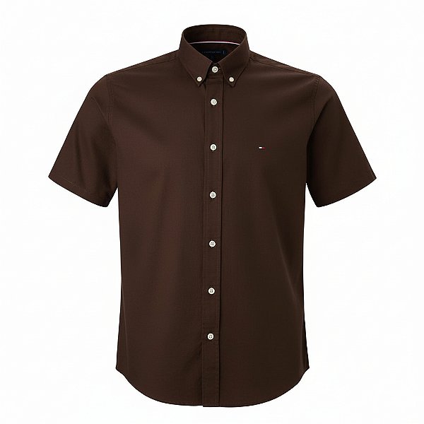Camisa Tommy Hilfiger Masculina Manga Curta Sarja Café