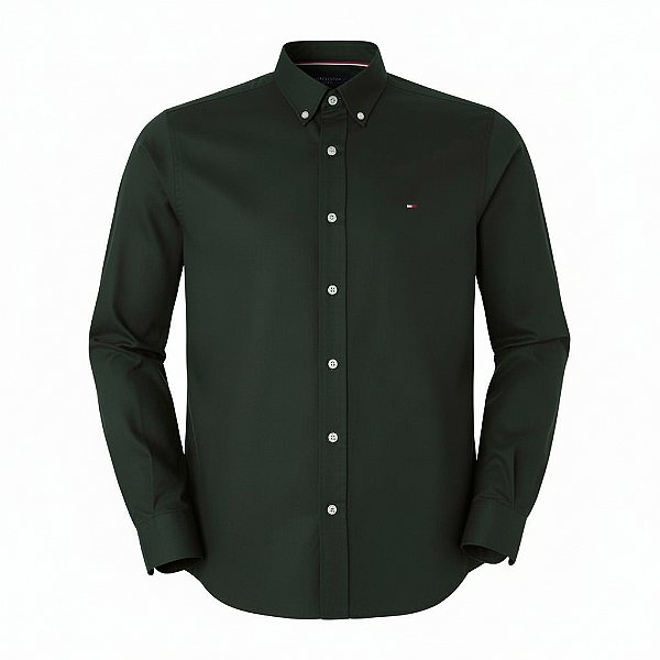 Camisa Tommy Hilfiger Masculina Manga Longa Sarja Verde escuro