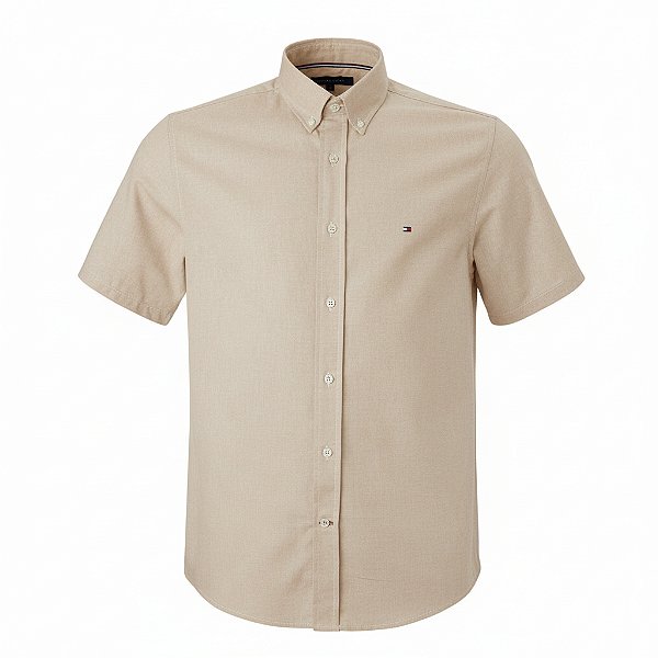 Camisa Tommy Hilfiger Masculina Manga Curta Oxford Caqui