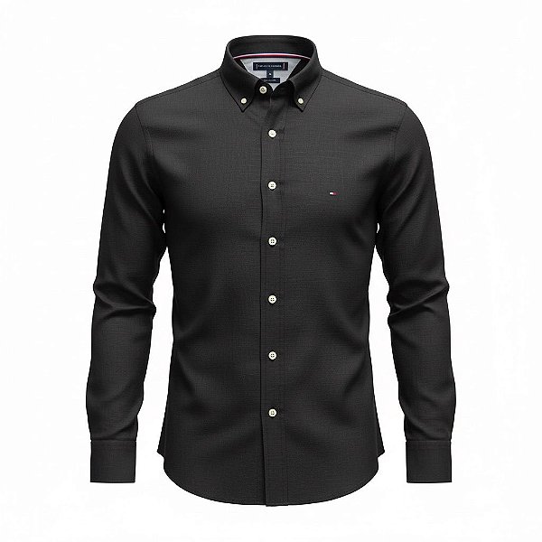 Camisa Tommy Hilfiger Masculina Regular Fit Linho Preta