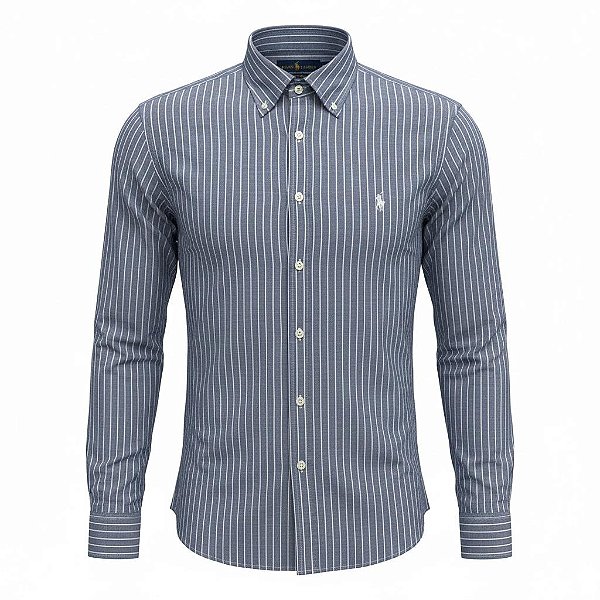 Camisa RL Masculina Custom fit Linho Listrada Cinza Mescla