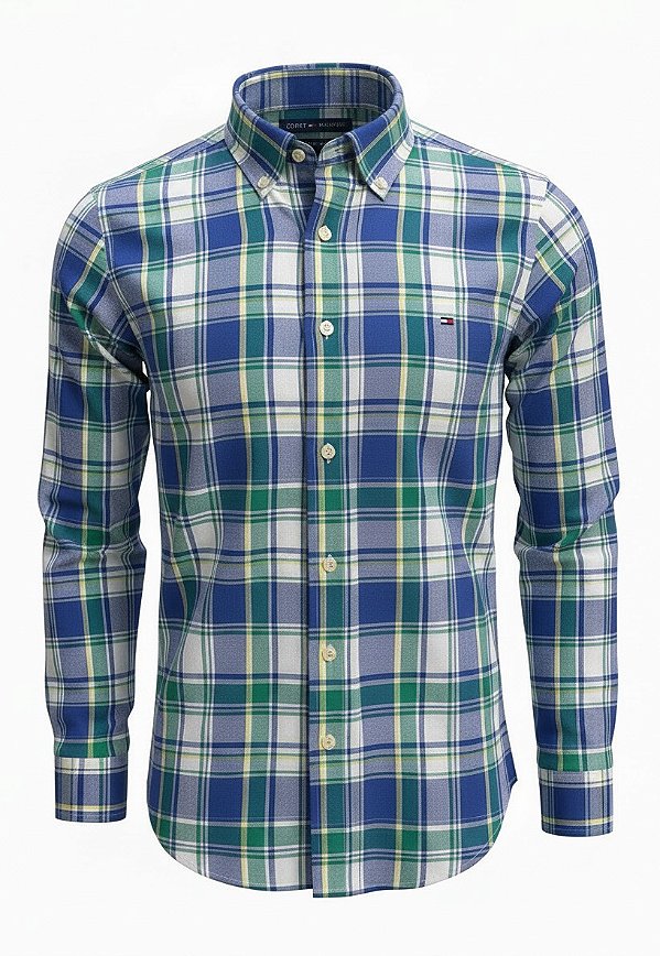 Camisa Tommy Hilfiger Masculina Oxford Xadrez Azul e verde