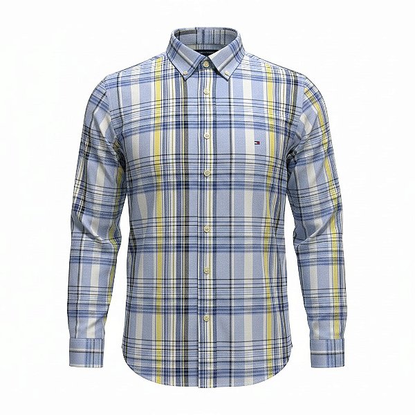 Camisa Tommy Hilfiger Masculina Oxford Xadrez Azul e Amarelo