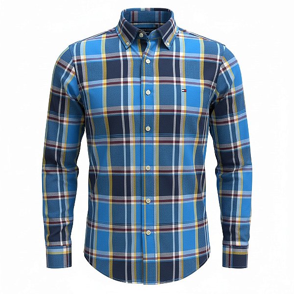 Camisa Tommy Hilfiger Masculina Oxford Xadrez Azul e vermelho