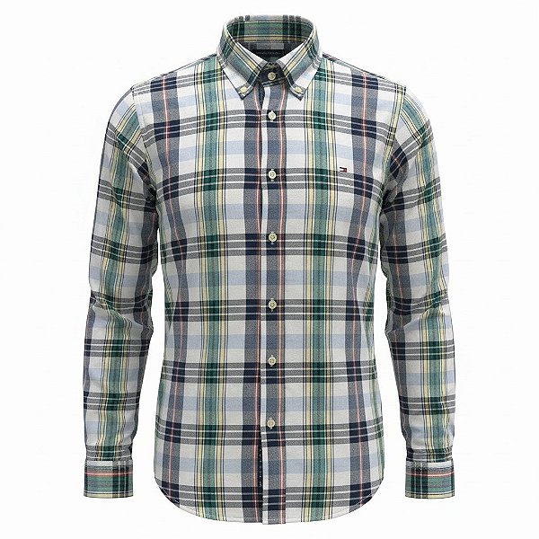 Camisa Tommy Hilfiger Masculina Oxford Xadrez Verde e amarelo