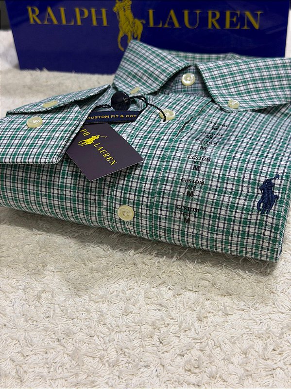 Camisa RL Masculina Custom Fit Xadrez Verde e branca