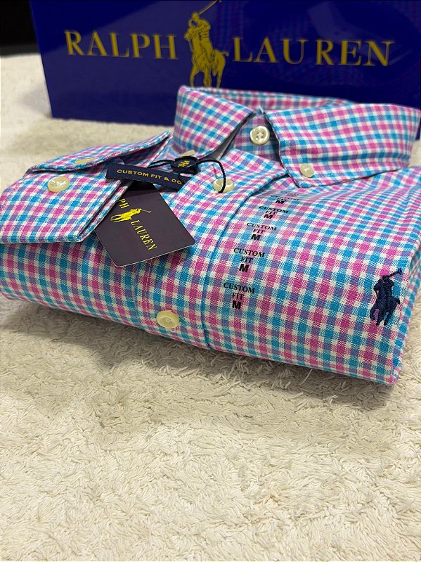 Camisa RL Masculina Custom Fit Xadrez Azul e rosa