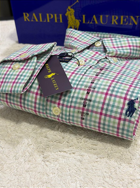 Camisa RL Masculina Custom Fit Xadrez Verde e rosa