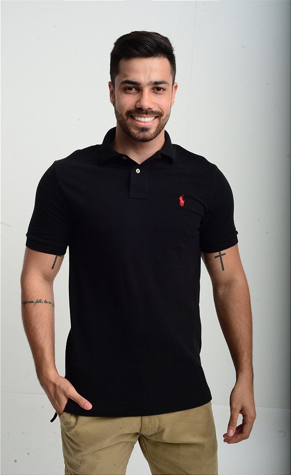 Polo Ralph Lauren Masculina Custom Fit Red logo Preta - Gareth