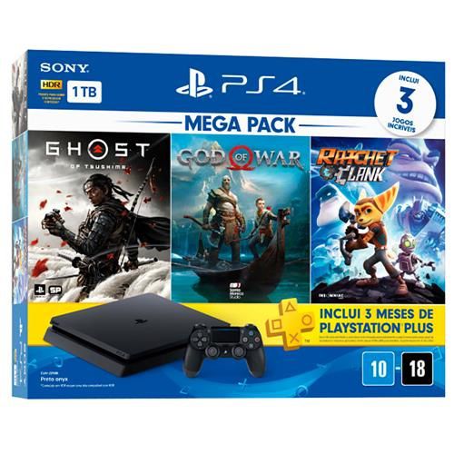 Console Playstation 4 Slim 1TB Bundle Ghost of Tsushima + God Of War + Ratchet and Clank + 3 meses PSN Plus