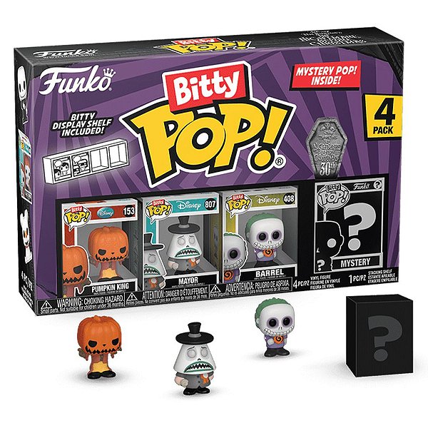 Funko Pop Bitty Nightmare Before Christmas Pumpkin, Mayor, Barrel e um mistério 4 Pack